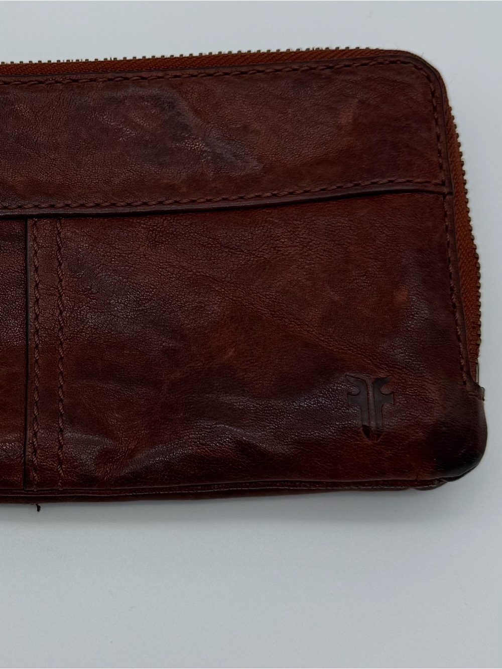 Frye Cognac Brown Leather Wristlet Wallet Distressed Patina